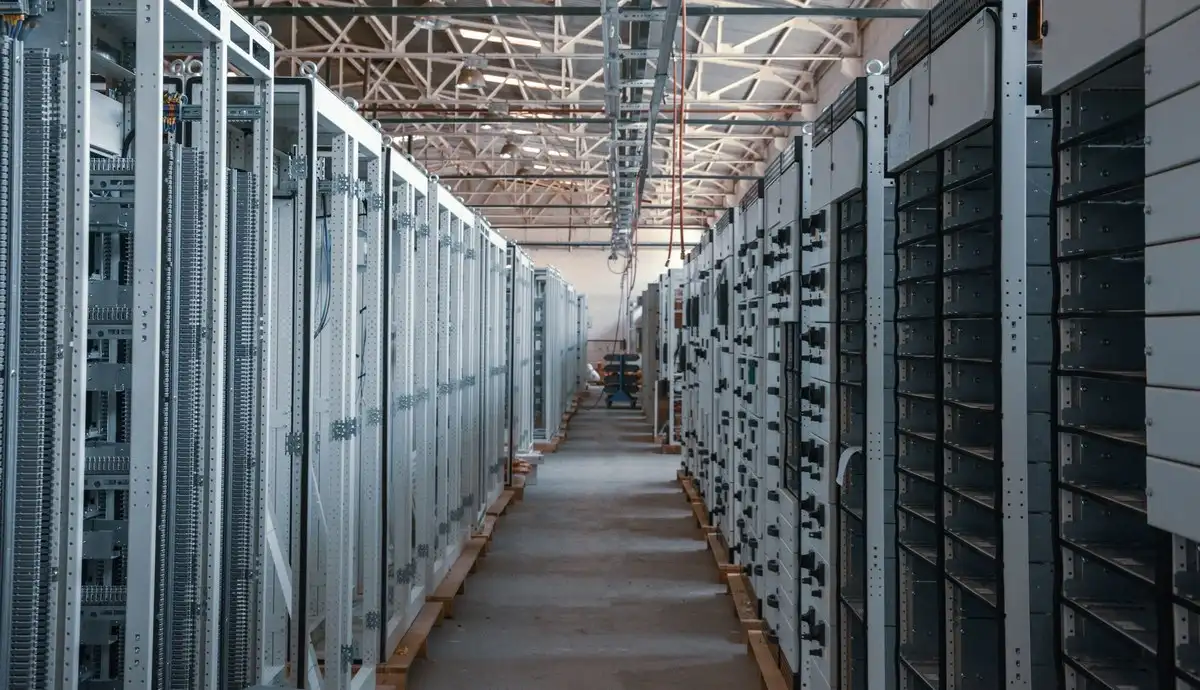 Pasillo de una sala de servidores con racks metálicos