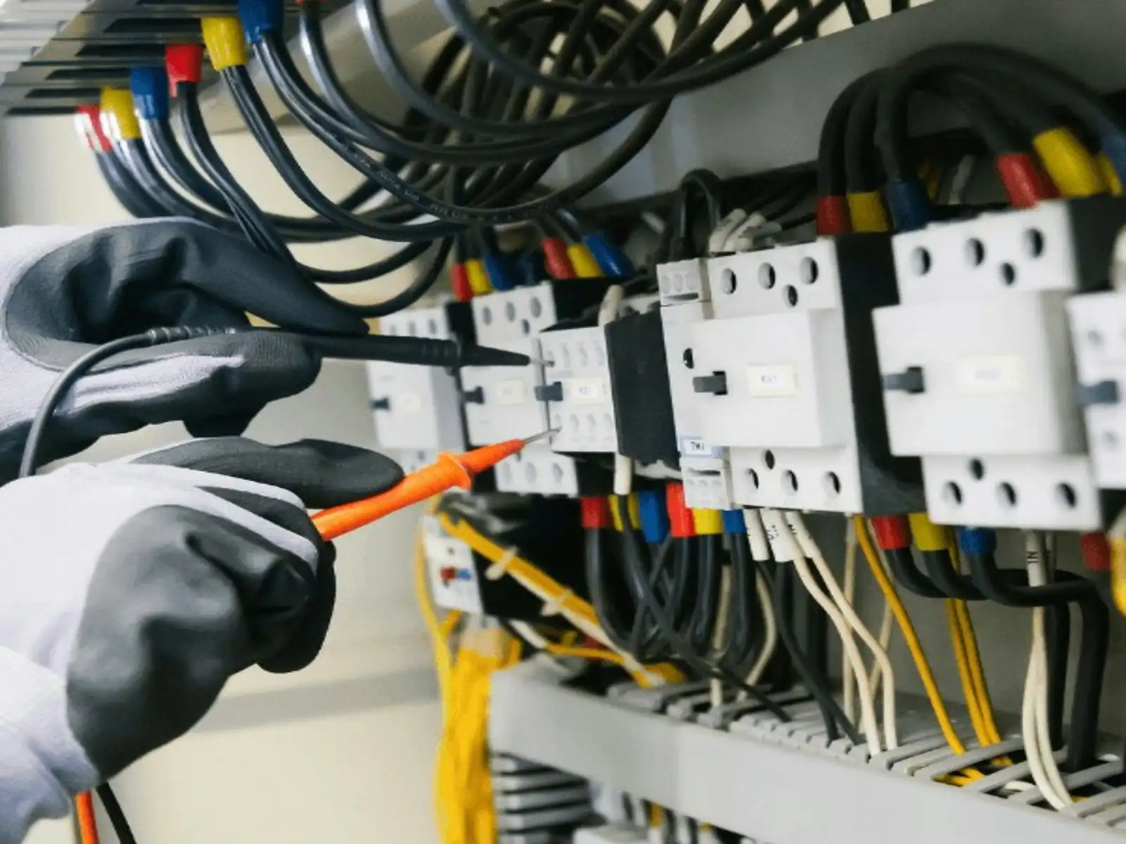 Técnico revisando con un multímetro el cuadro eléctrico de un SAI